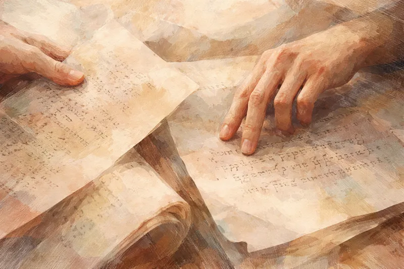 Two hands move carefully across weathered manuscripts, tracing words preserved through time. The image evokes scholarship, memory, and the fragile transmission of knowledge from one generation to the next.